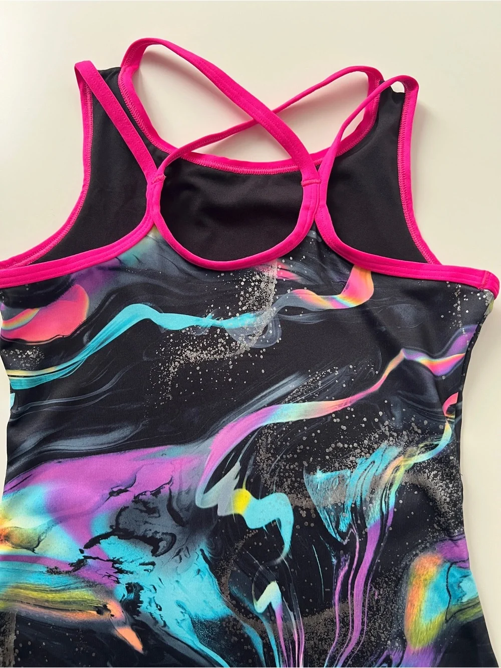 Justice Dance Gym Leotard Girls M 10 Black Neon Marble Gymnastics Dance